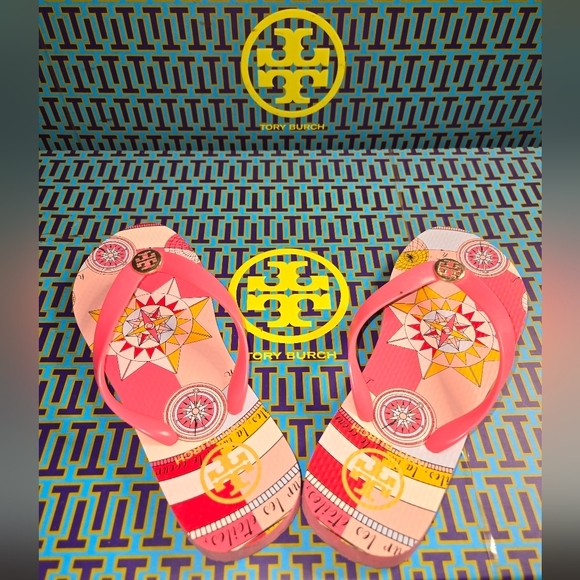 Tory Burch Shoes - Tory Burch Pink and Yellow Graphic Flip Flops